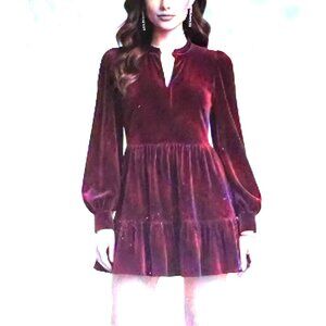 1. State Burgundy Velvet Ruffle Ballon Sleeves Tiered Flowy Boho Mini Dress XL